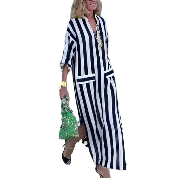 Damen nan lässiges Longshirtkleid mit vertikalem Streifenmuster, V-Ausschnitt, aufgesetzten Taschen und hohem Seitenschlitz Echo Archiv