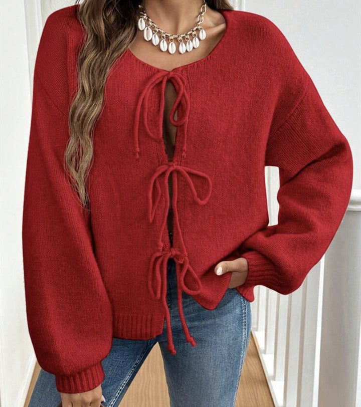 Damen Kurzcardigan mit Bindebändern, Oversize‑Silhouette und Ballonärmeln – Veloura