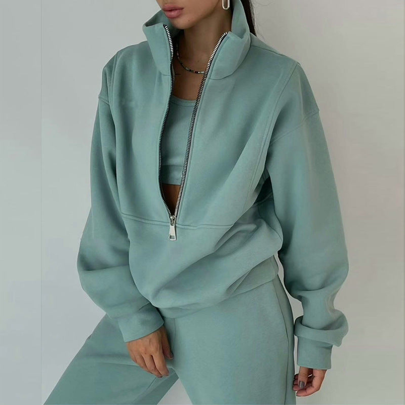 Damen nan kurzes Halbzip-Sweatshirt-und-Jogginghose-Set mit Stehkragen, oversized Schnitt und weichem French-Terry Echo Archiv