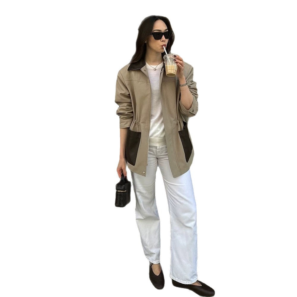 Damen Boxy-Fieldjacke mit kontrastkragen in Lederoptik und aufgesetzten Taschen Echoarchiv