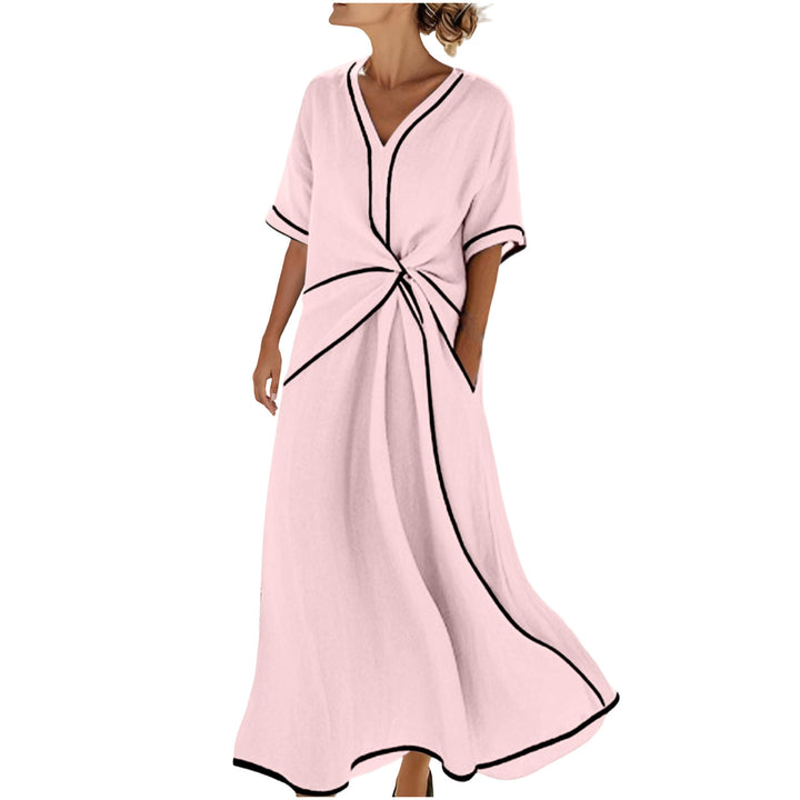 Damen Langes A-Linienkleid mit V‑Ausschnitt, Knoten-Detail und Kontrastpaspel – Élara