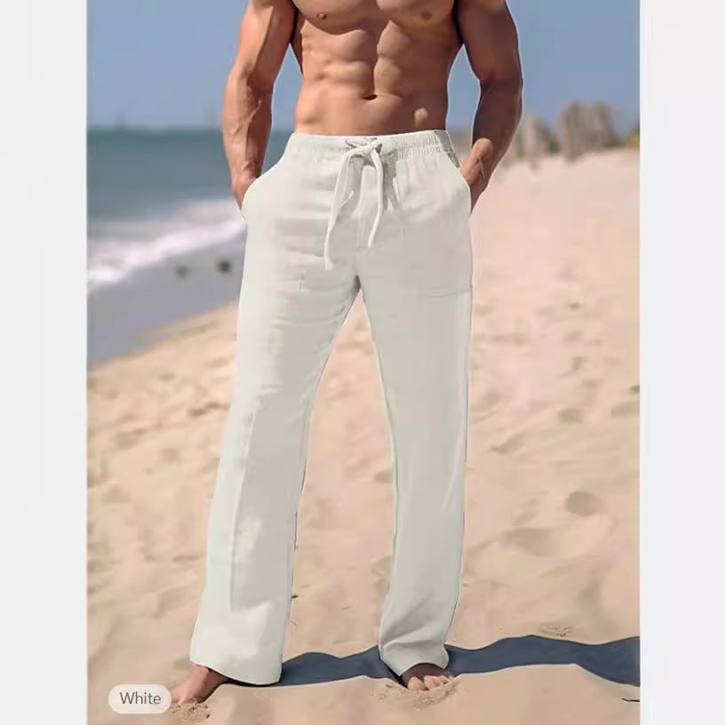 Herren weite Resort-Freizeithose im Palazzo-Stil aus Leinenmix mit Tunnelzug und seitlichen Eingrifftaschen – Sorevano