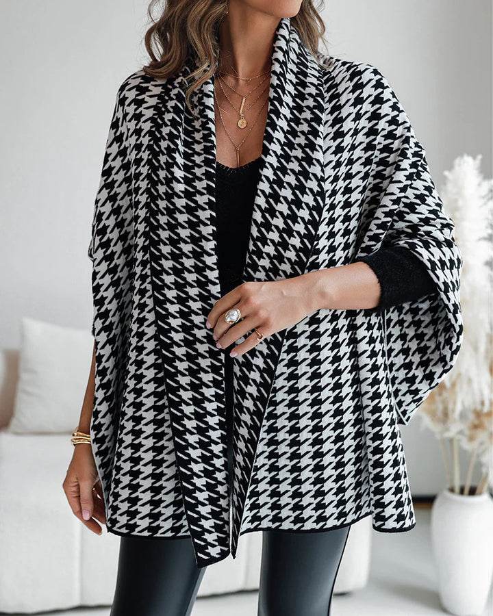 Damen Oversized Poncho mit Hahnentritt-Muster und offenem Schalkragen – Célinea