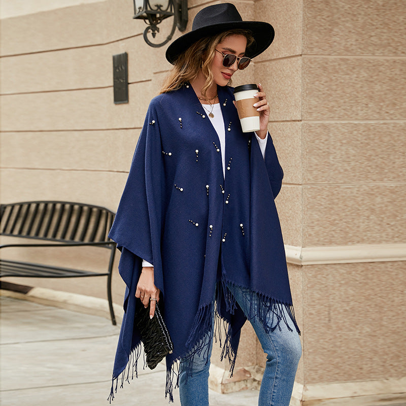 Damen Eleganter bestickter Wollmix-Poncho‑Cape mit Perlenbesatz – Avérine