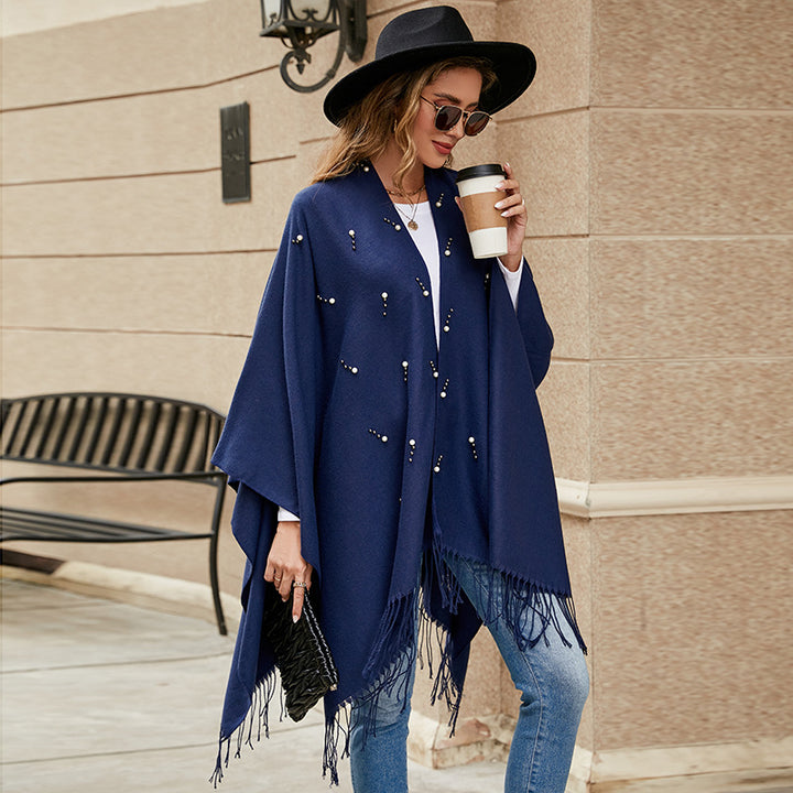 Damen Eleganter bestickter Wollmix-Poncho‑Cape mit Perlenbesatz – Avérine