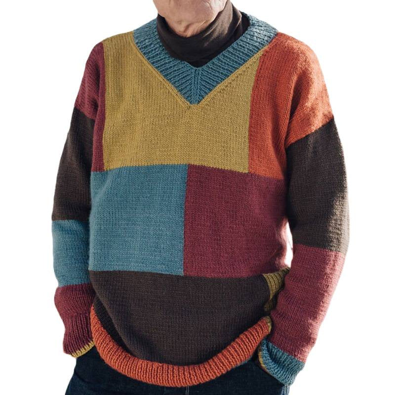 Herren gemusterter Pullover mit Farbblockdesign und modernem V-Ausschnitt Echoarchiv