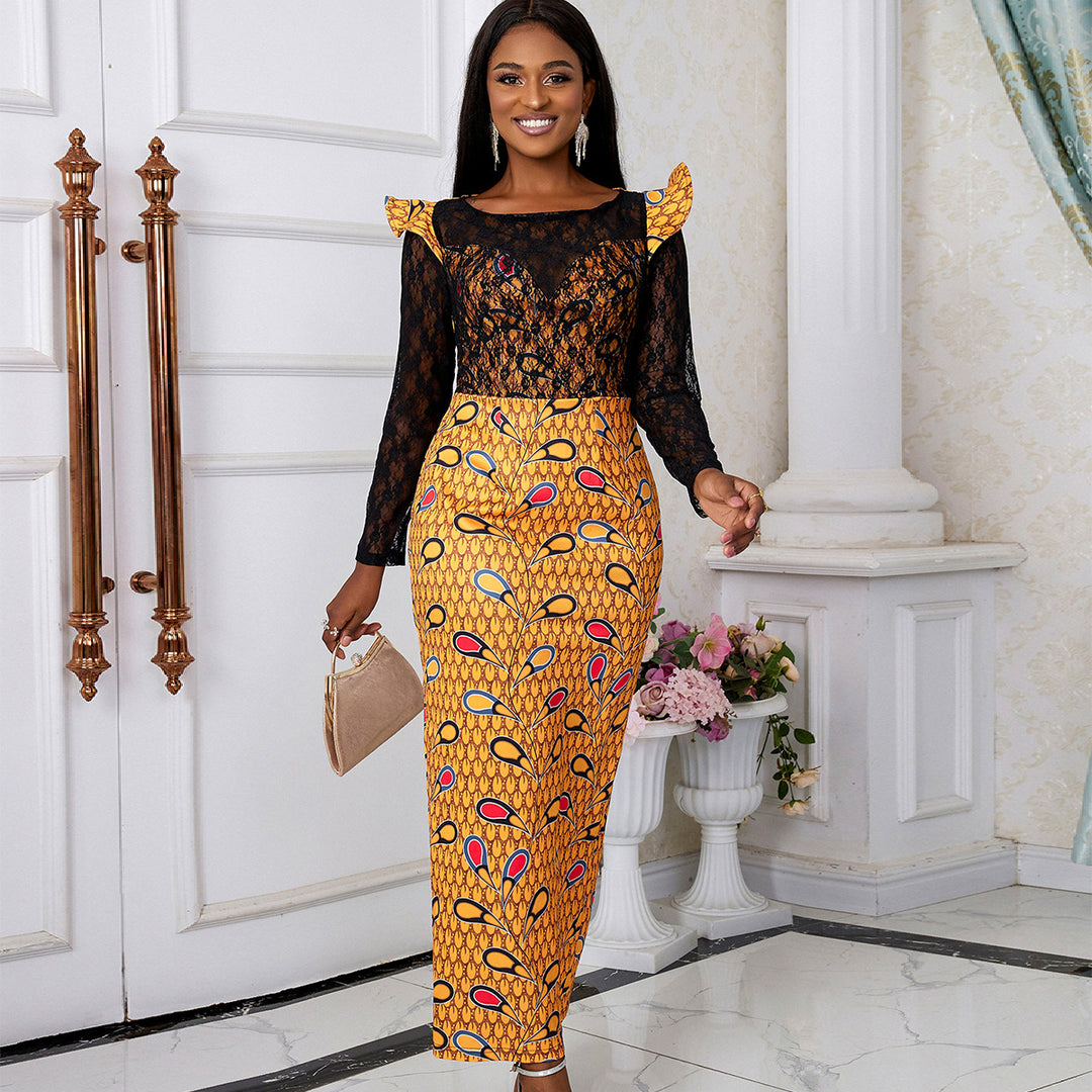Damen Elegantes Langarmkleid mit floralem Muster und transparenter Spitzeneinlage Echo Archiv