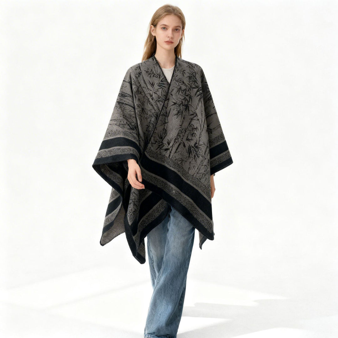 Damen Jacquard‑Poncho im Cape‑Stil mit Bambusmotiv und offener Vorderseite – Avérine
