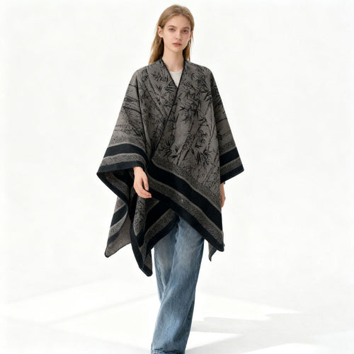 Damen Jacquard‑Poncho im Cape‑Stil mit Bambusmotiv und offener Vorderseite – Avérine