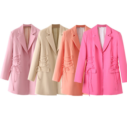 Damen taillierter Longblazer mit seitlicher Schnürung und Pattentaschen – Célinea