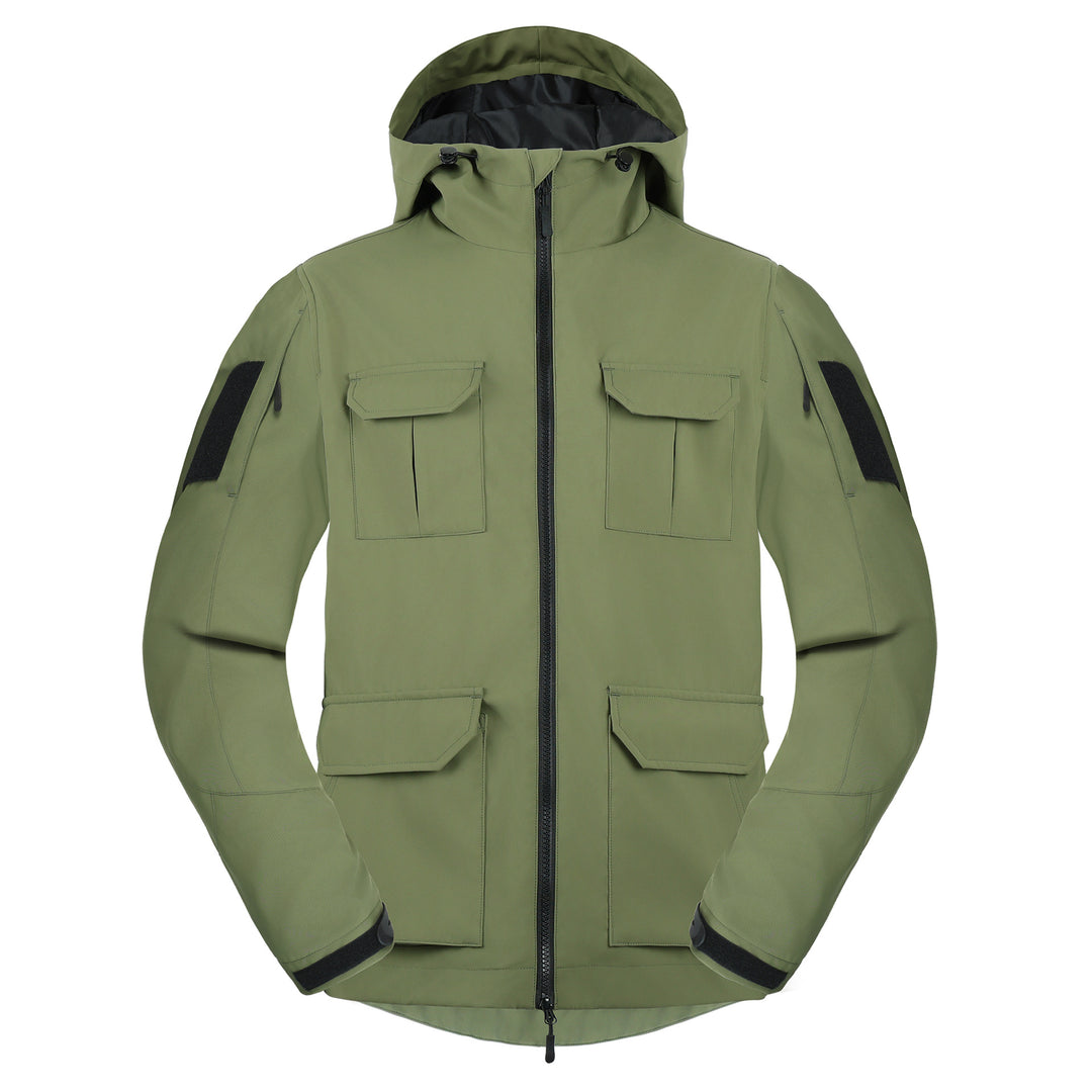 Men's weatherproof hooded utility parka with flap chest pockets and sleeve patch panels – Cavarno