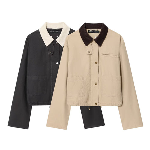 Damen Cropped-Workjacke mit Cordkragen, aufgesetzten Taschen und Tunnelzug Echoarchiv