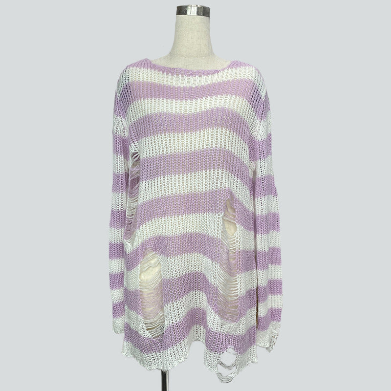Damen nan Oversized Grobstrickpullover mit breiten Blockstreifen und aufgerissenem Design Echo Archiv