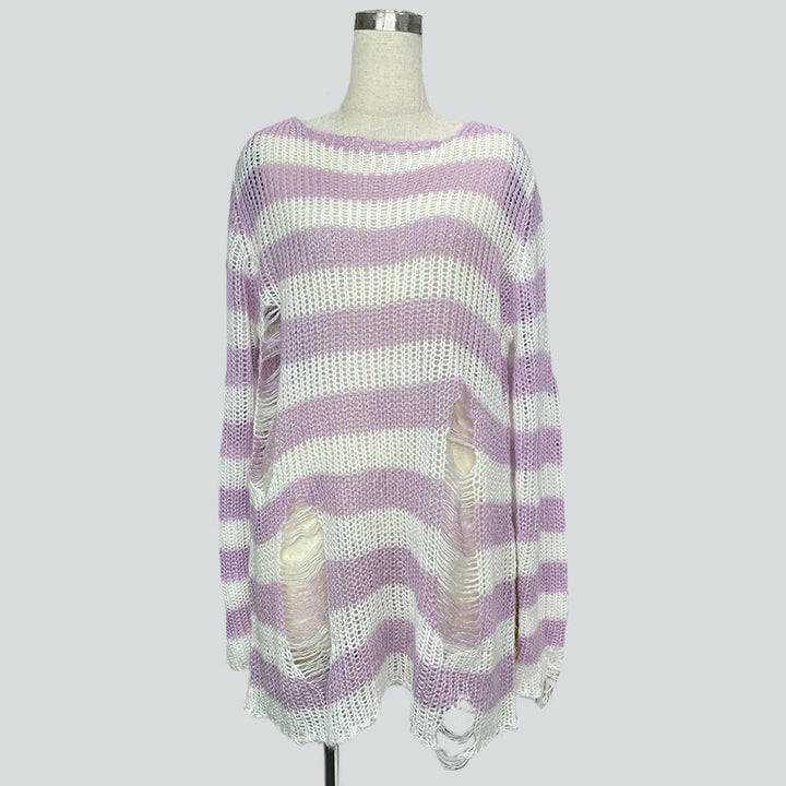 Damen nan Oversized Grobstrickpullover mit breiten Blockstreifen und aufgerissenem Design Echo Archiv