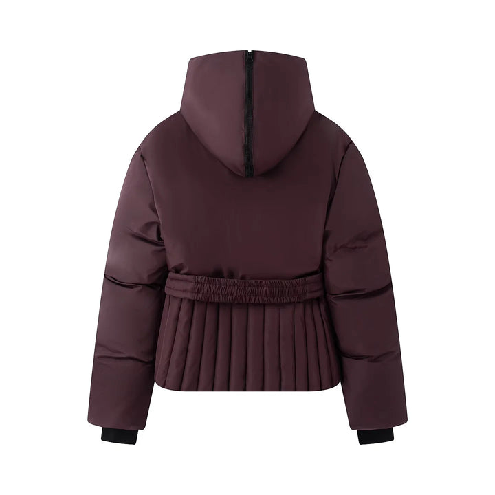 Damen gesteppte Taillen-Steppjacke mit hohem Kragen, Taillengürtel und Plissee-Saum – Célinea