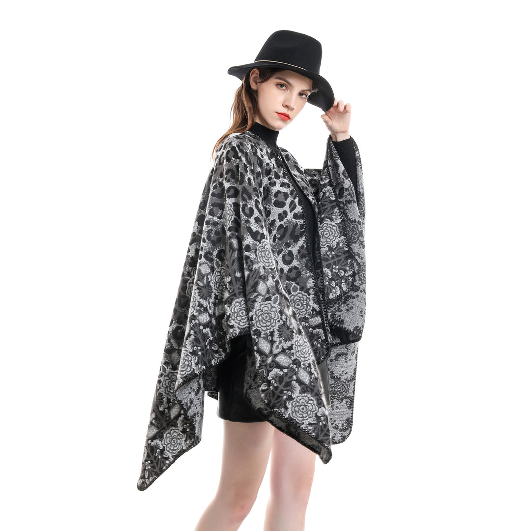 Damen Jacquard-Überwurfponcho im kastigen Kimono-Fall mit floral-animalischem Muster Echo Archiv