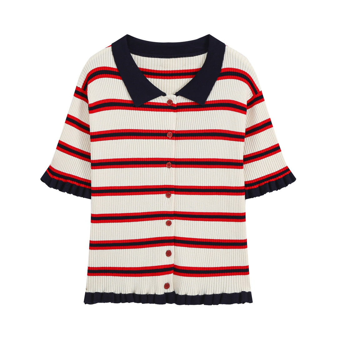 Damen Kurzärmelige gerippte Polokragen-Strickjacke mit Knopfleiste und Volantsaum Echo Archiv