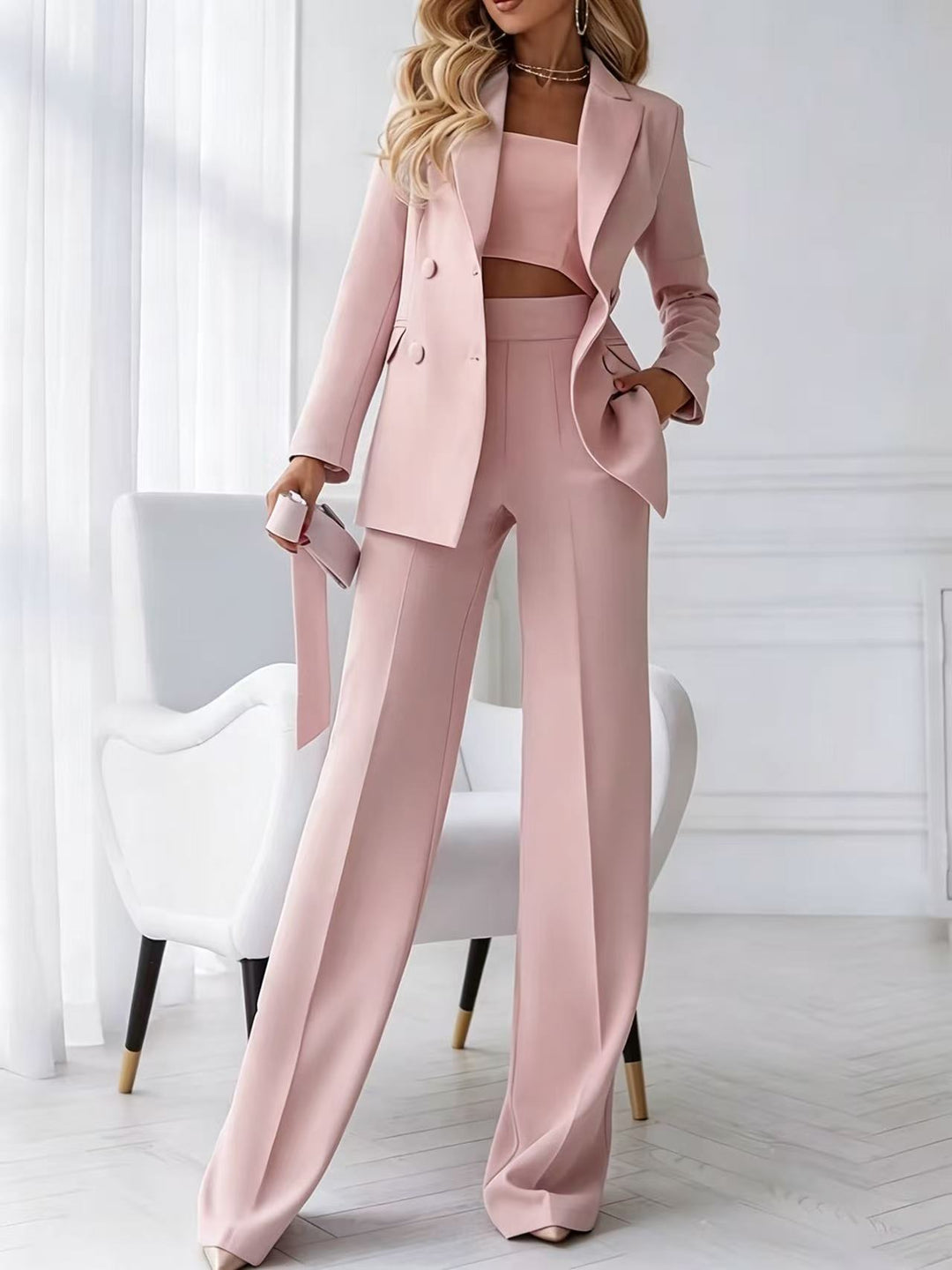 Damen Zweiteiliger Business-Hosenanzug mit tailliertem Zweireiherblazer und High-Waist Palazzo-Hose – Valéne