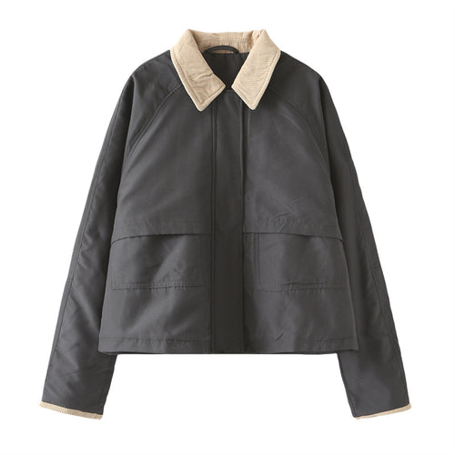 Damen kastige Kurzjacke mit Cordkragen, verdeckter Frontleiste und großen aufgesetzten Taschen – Célinea