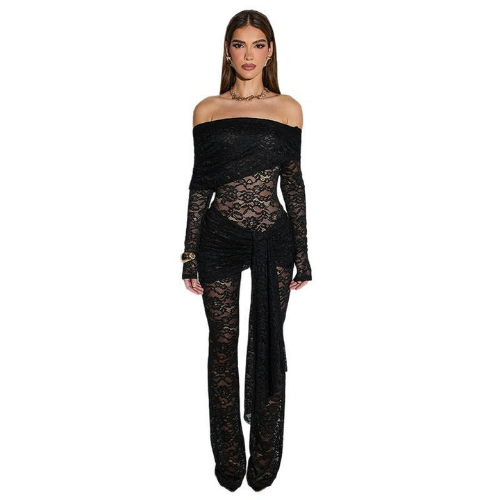 Damen Elegantes Spitzen-Jumpsuit mit schulterfreiem Design und Wickeleffekt Echo Archiv