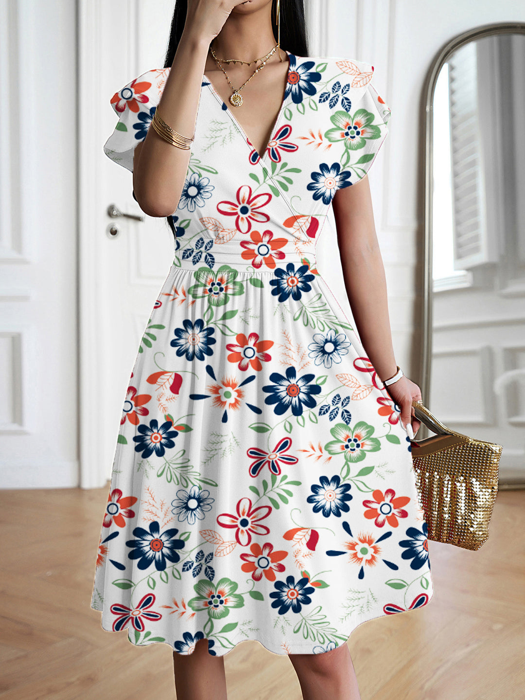 Damen Wickelkleid mit voluminösen Ärmeln und femininem V-Ausschnitt Echo Archiv