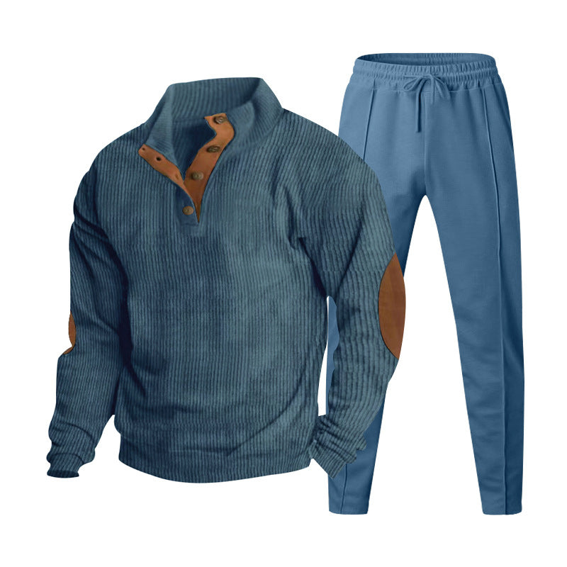 Herren nan gerippter Henley-Freizeitanzug mit dekorativer Knopfleiste und Wildleder-Ellenbogenpatch konisch geschnittene Jogginghose Echo Archiv