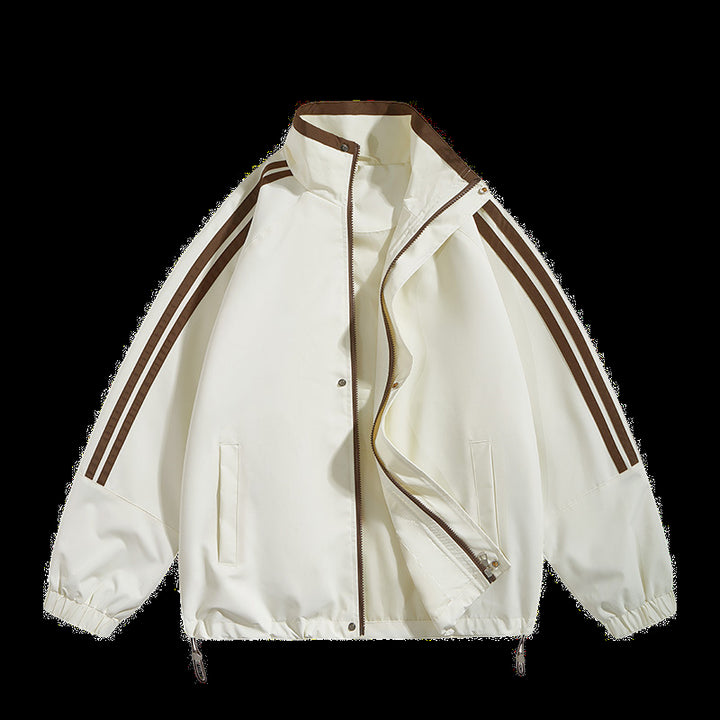 Unisex oversized retro athletic shell jacket with stand collar and dual sleeve stripes – Taviero