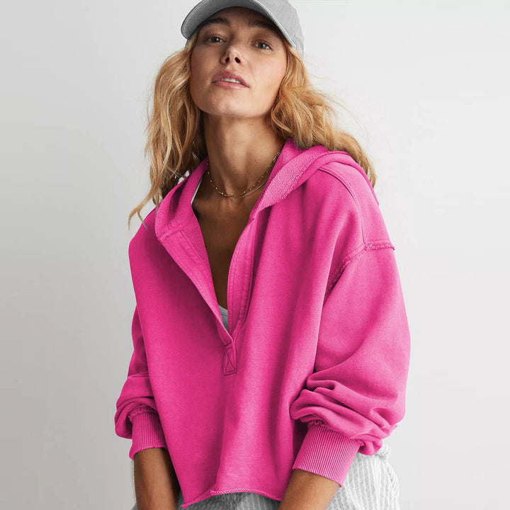 Damen Oversize Kapuzenpullover mit tiefem V-Ausschnitt, offener Knopfleiste und rohem Saum – Auréline