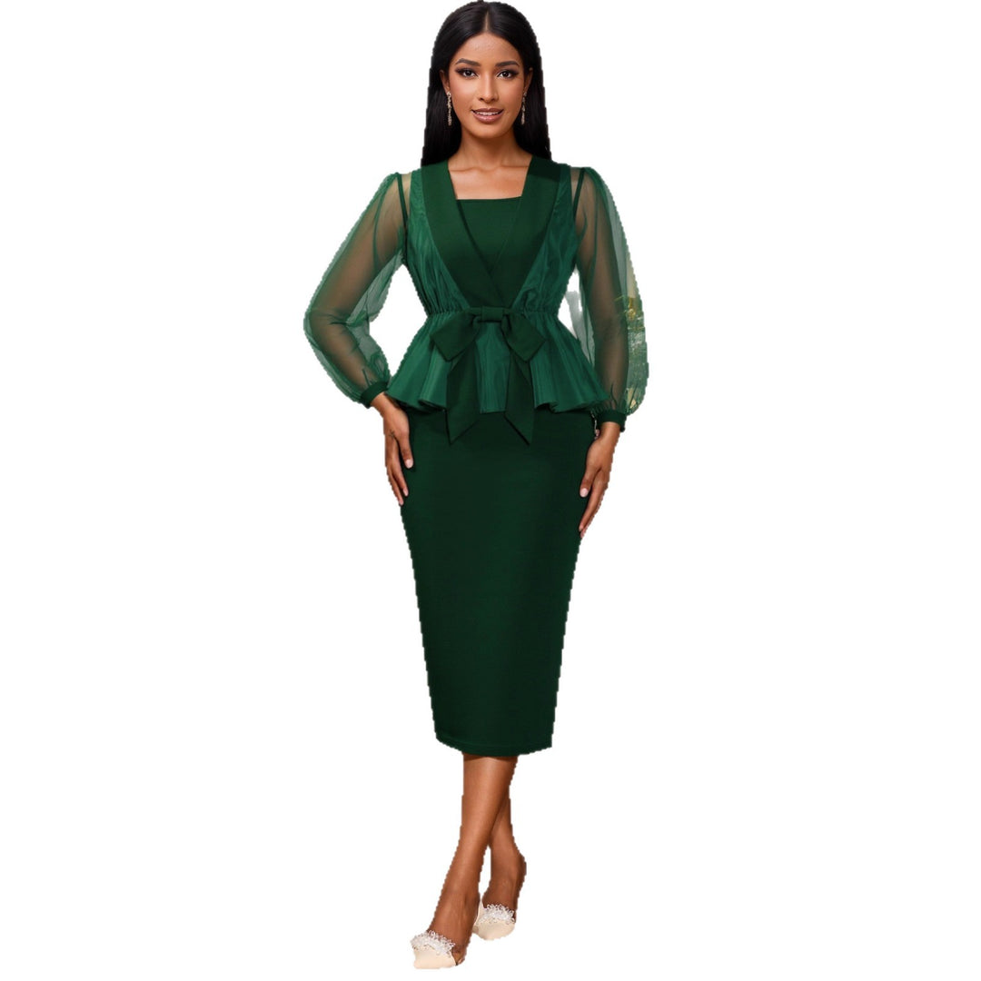 Damen elegantes Kleid mit transparentem Ärmel und tailliertem Gürtel Echo Archiv