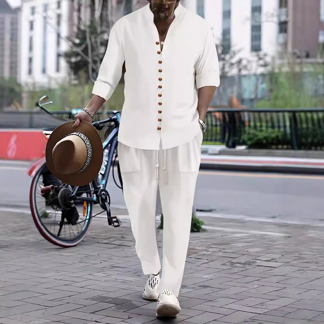 Herren Freizeit-Button-Up-Hemd und entspannt geschnittene Hose Set Echoarchiv