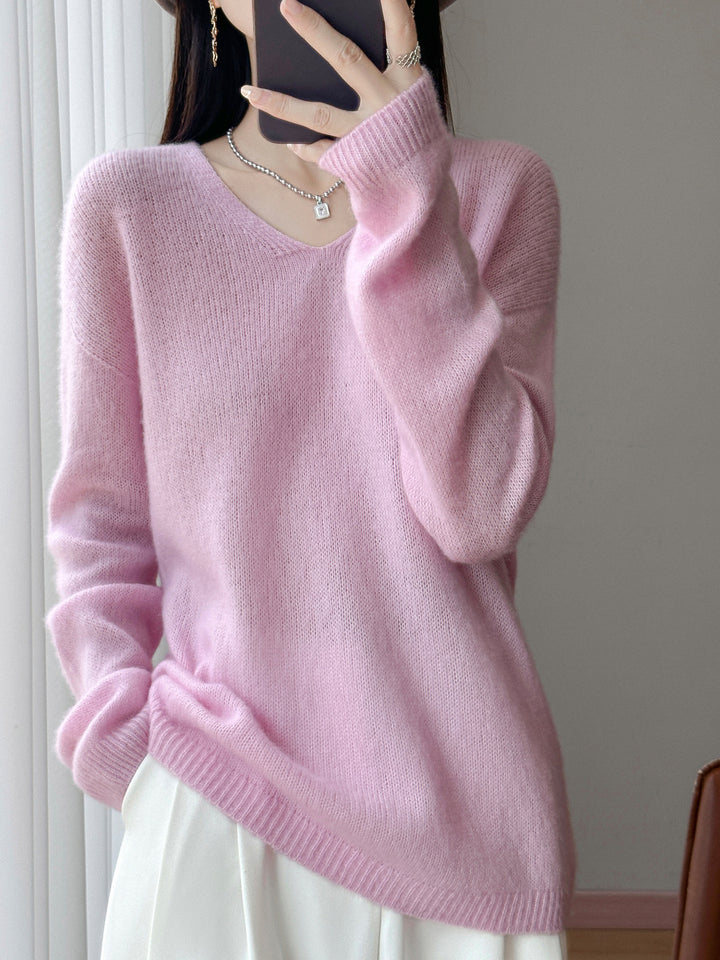 Damen Oversize-Feinstrickpullover mit feinem V-Ausschnitt und verlängertem Ärmelabschlusst Echoarchiv