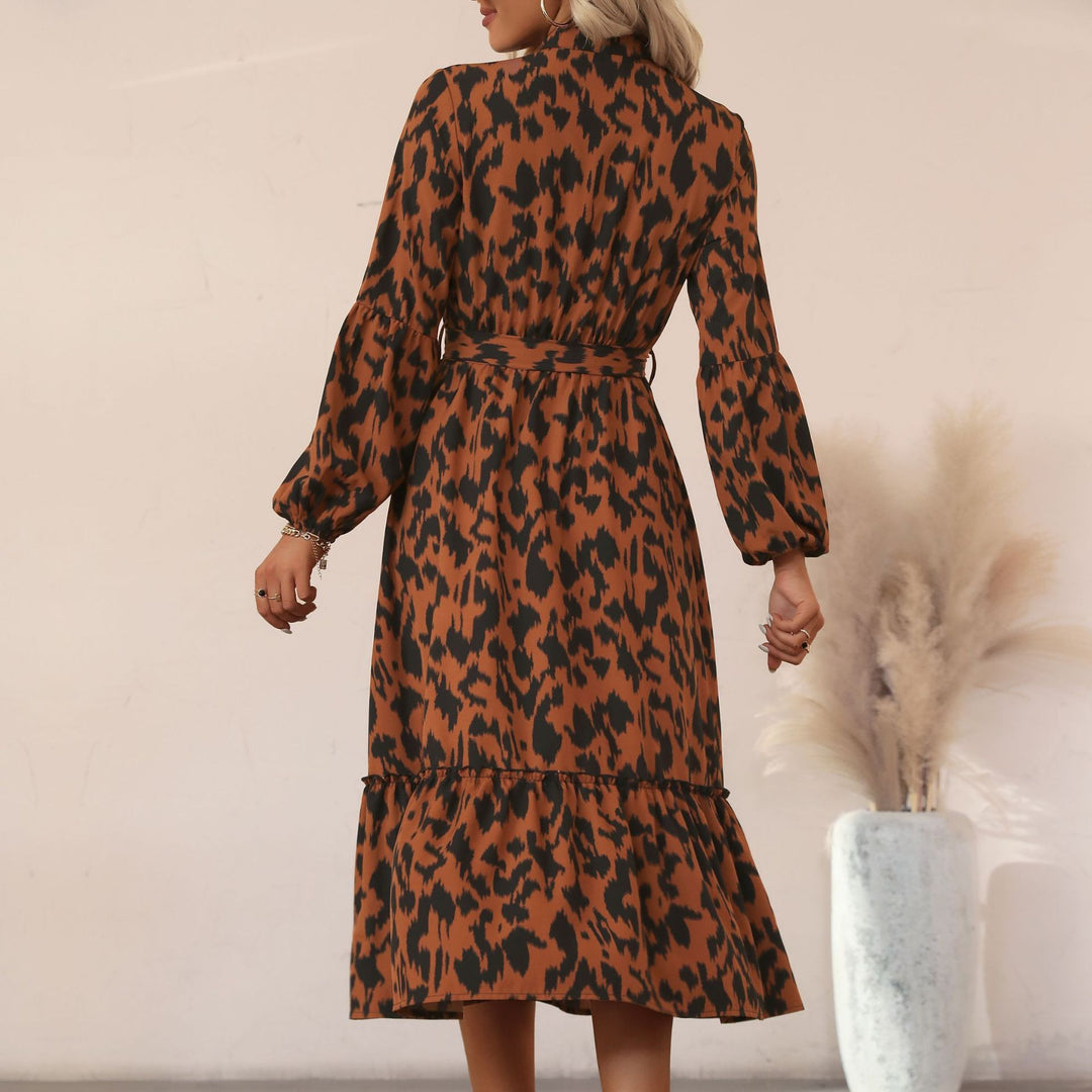 Damen Midikleid mit Animal-Print, Knopfleiste, Taillengürtel und Stufenrock Echoarchiv