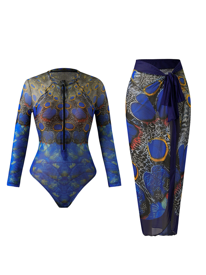 Damen Eleganter Badeanzug mit langem Arm und transparente Wickelrock Echo Archiv