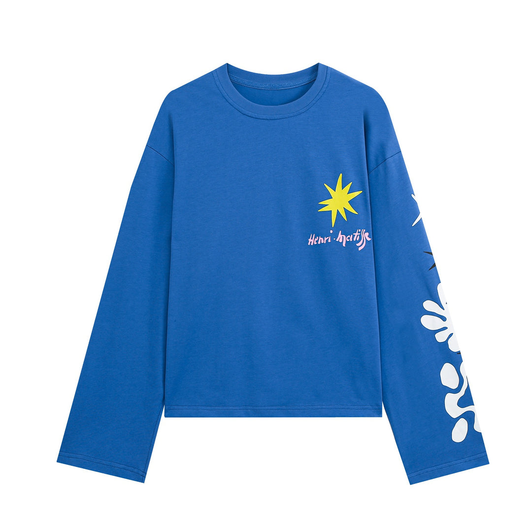Damen Cropped Oversize‑Langarmshirt mit Grafikprint und Rundhalsausschnitt Echo Archiv