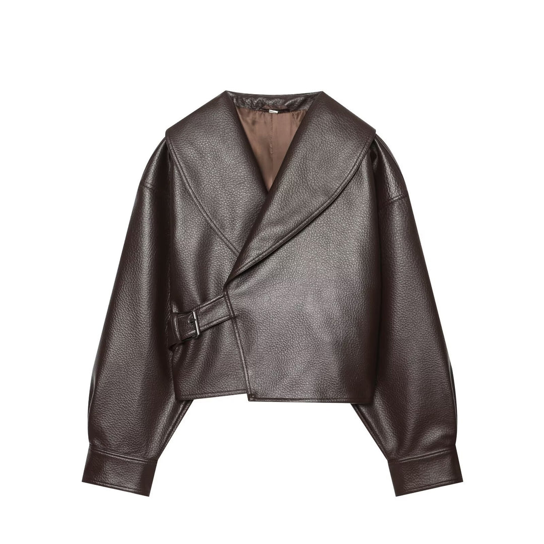 Damen Kurzer Kunstlederblouson mit weitem Schalkragen und Taillenriegel Echo Archiv
