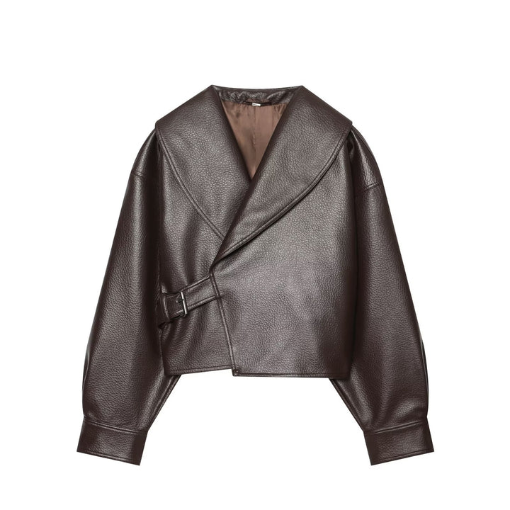 Damen Kurzer Kunstlederblouson mit weitem Schalkragen und Taillenriegel Echo Archiv