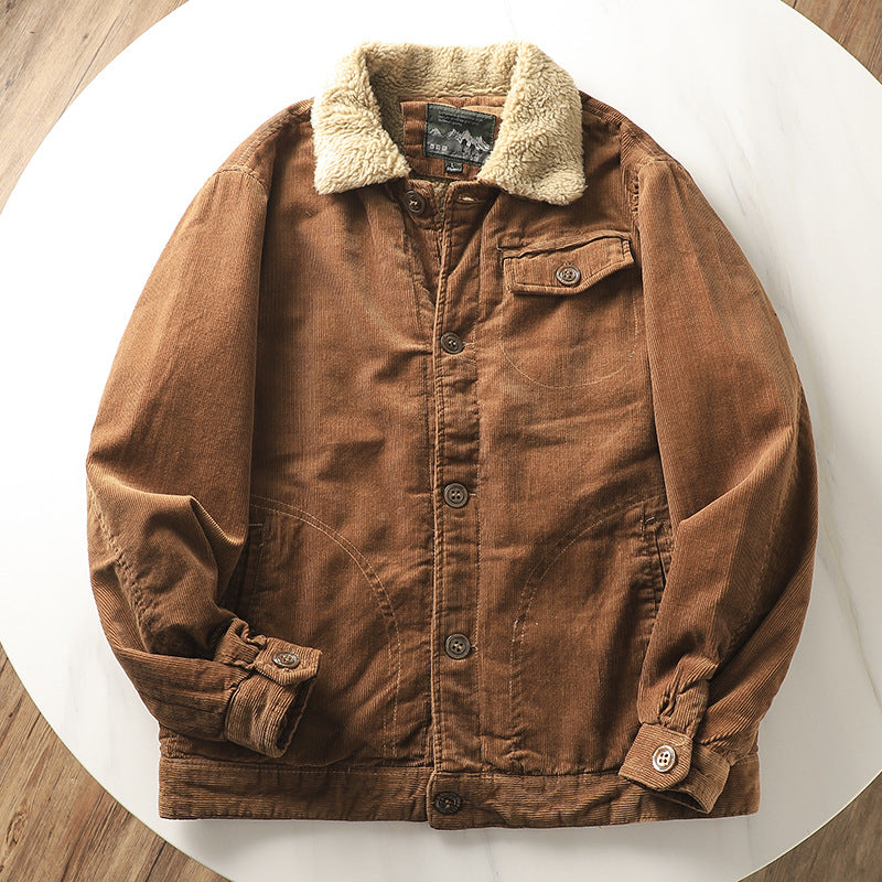 Herren nan gefütterte Cordjacke mit Teddykragen, Knopfleiste und aufgesetzten Taschen Echo Archiv
