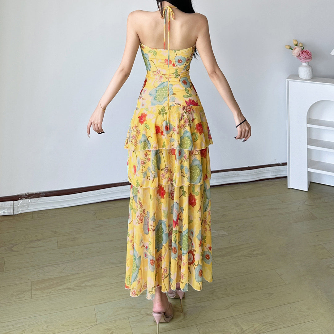 Damen Maxi-Kleid mit floralen Rüschen und tiefem V-Ausschnitt Echo Archiv