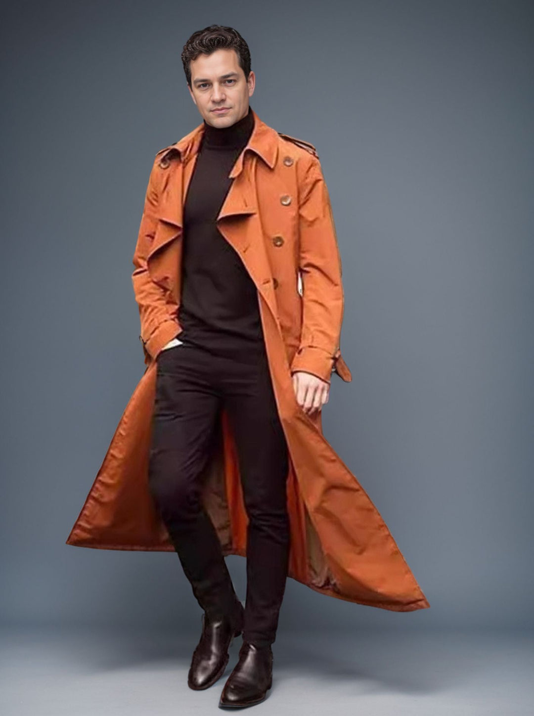 Herren langer Trenchcoat mit modernem Schnitt und praktischen Taschen Echoarchiv