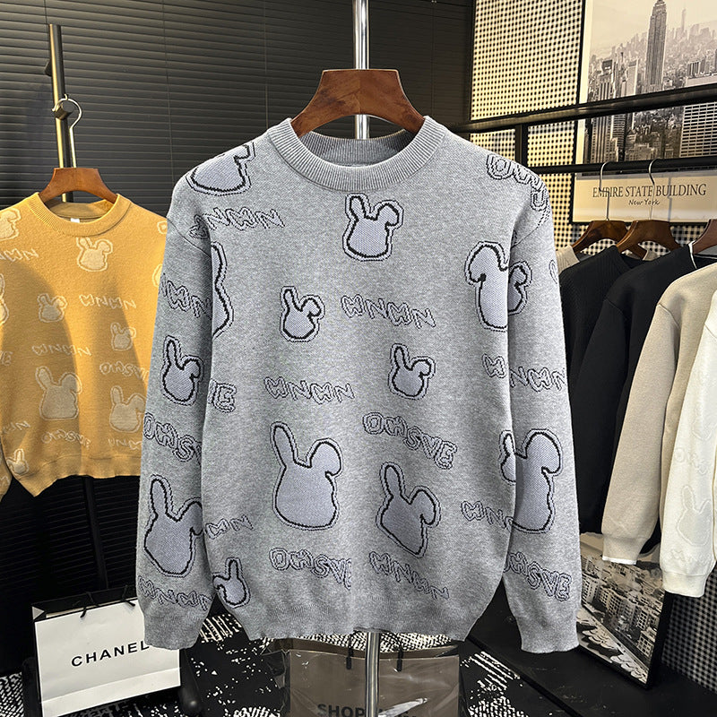 Unisex Feinstrick-Pullover mit dezentem Jacquard-Hasenrelief und Rundhalsausschnitt Echoarchiv