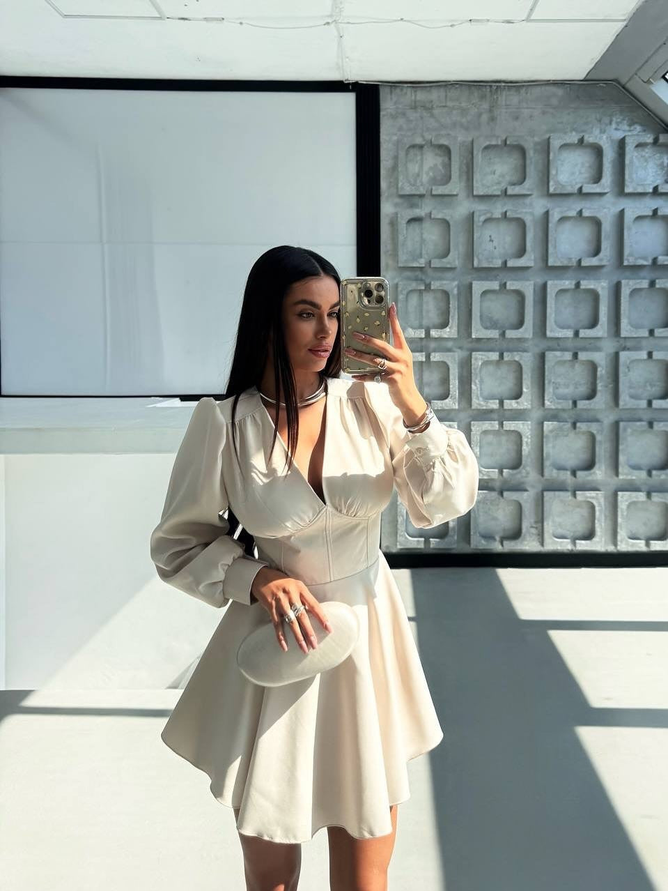 Damen Korsett-Detail Mini-Kleid mit Puffärmeln und ausgestelltem Rock Echoarchiv