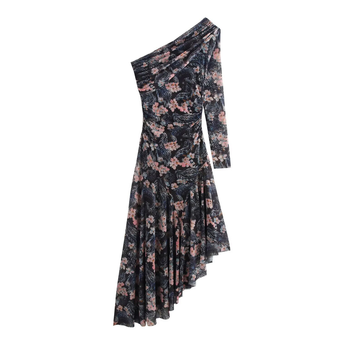 Damen Asymmetrisches One-Shoulder Kleid mit langem Ärmel und Stufenrock Echoarchiv