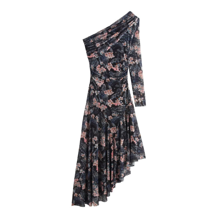 Damen Asymmetrisches One-Shoulder Kleid mit langem Ärmel und Stufenrock Echoarchiv