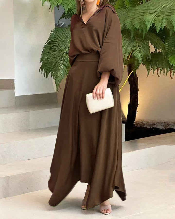 Damen Elegantes Maxikleid mit Kapuzen‑V‑Ausschnitt, Ballonärmeln und fließendem Saum Echoarchiv