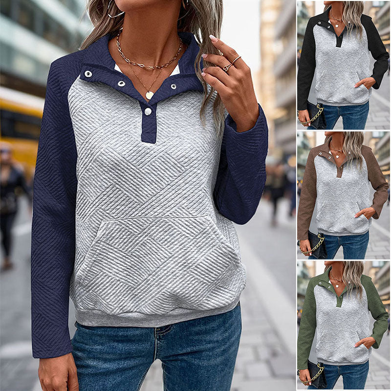 Damen Stepp-Sweatshirt mit Henley-Knopfleiste, Kängurutasche und kontrastierenden Raglanärmeln Echoarchiv