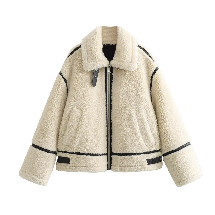 Damen Oversize-Teddyjacke im Aviator-Stil mit Kunstleder-Paspel, Stehkragen und Reißverschluss Echo Archiv