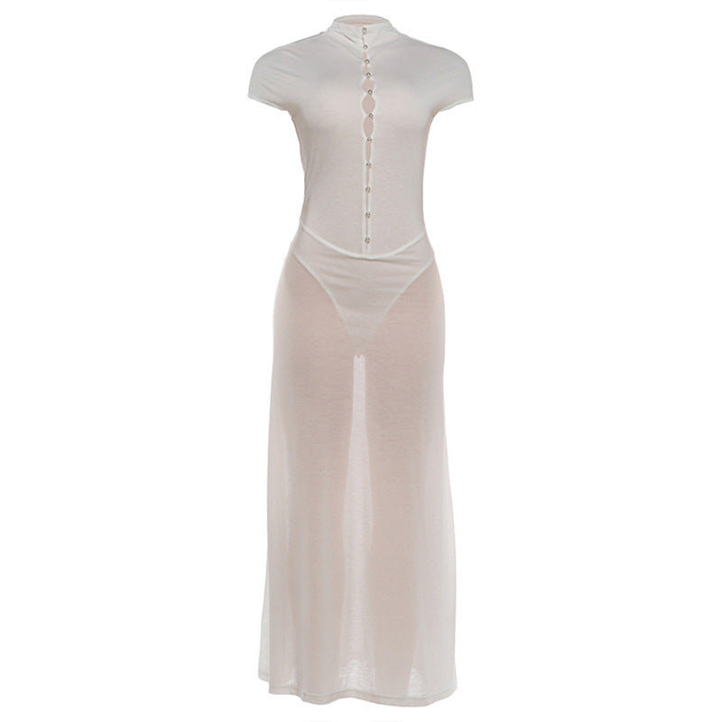Damen Elegantes Maxikleid mit kurzer Knopfleiste und transparentem Stoff Echo Archiv