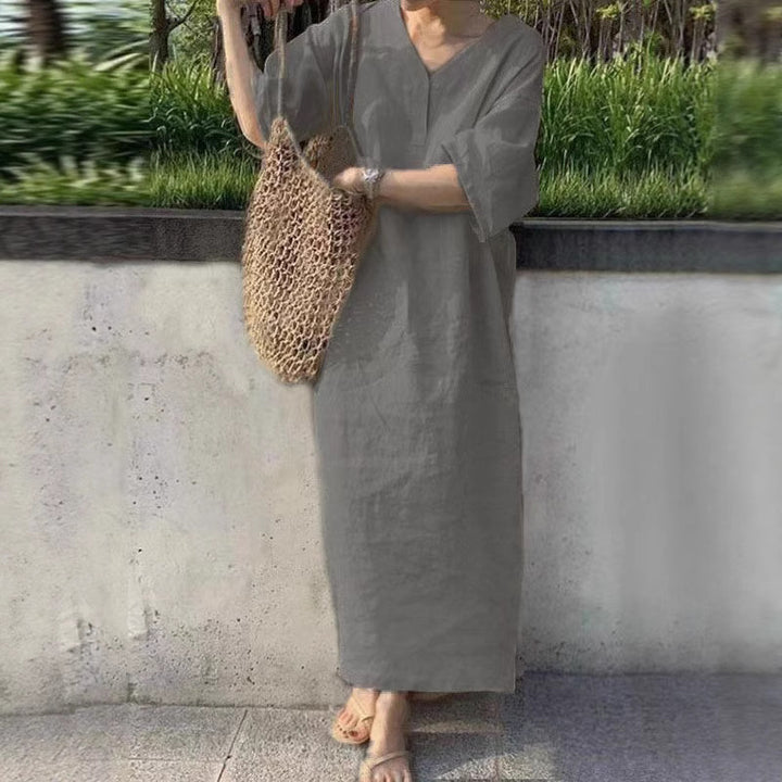 Damen lässiges Leinen-Midikleid mit V-Ausschnitt und weit geschnittenen Ärmeln Echo Archiv