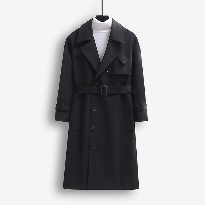 Herren Trenchcoat im modernen Wollmix mit Taillengürtel, Schalkragen und aufgesetzten Taschen Echoarchiv