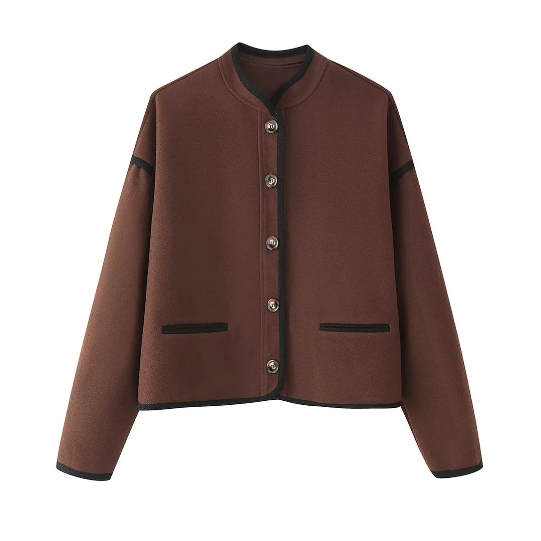 Damen nan kastige Kurzjacke mit Rundhalsausschnitt, Kontrastpaspel und Leistentaschen Echo Archiv